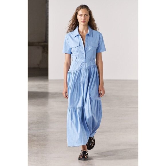 ZARA Belted Shirt Dress Light Blue Collared Maxi Asymmetric Seamwork Tiered XS - Picture 2 of 5